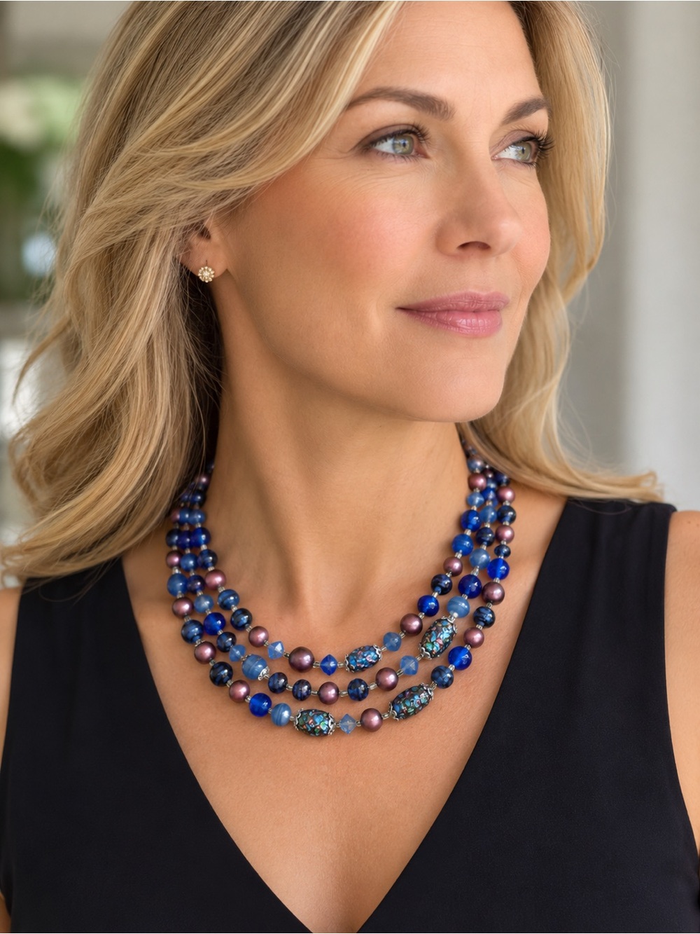 Vintage Triple-Strand Blue & Purple Art Glass Beaded Necklace - Women Jewelry